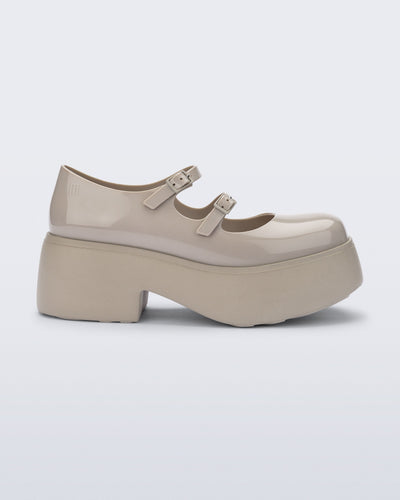 Side view of a beige Farah platform mary jane