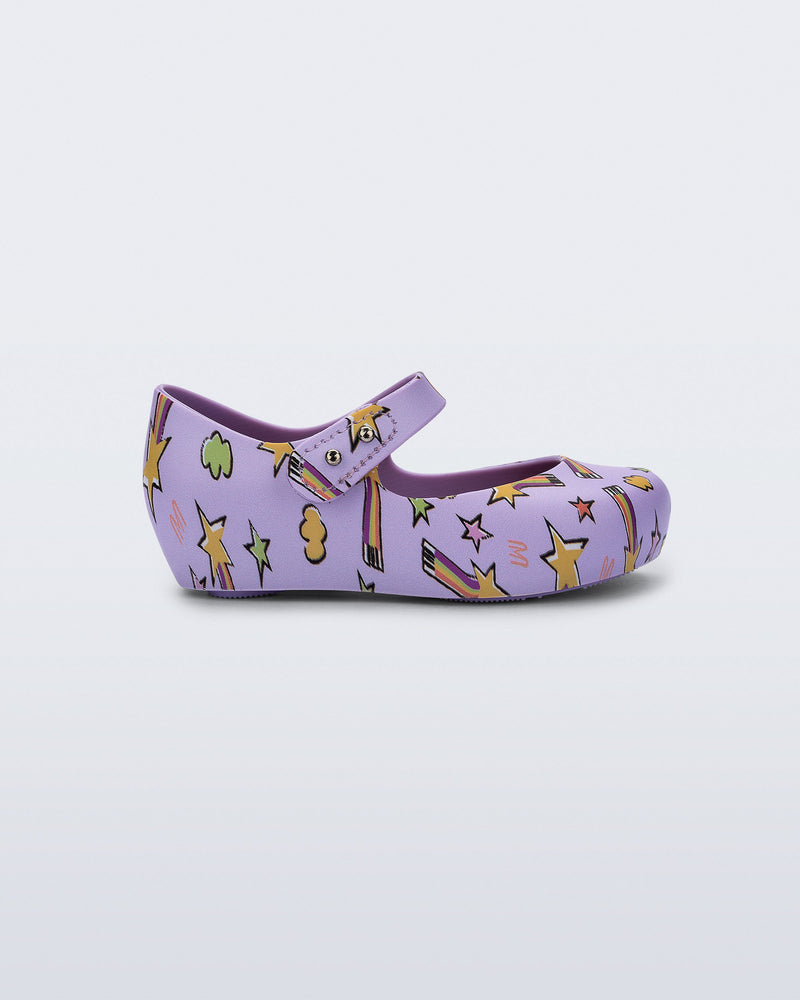 Side view of a lilac Ultragirl Colors ballerina baby flat with shooting stars