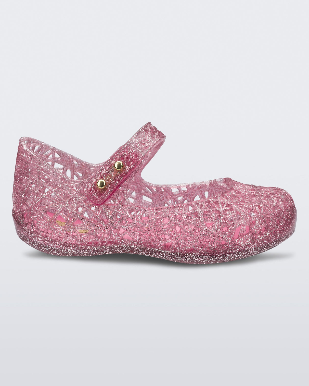 Side view of a glitter pink Campana baby flat