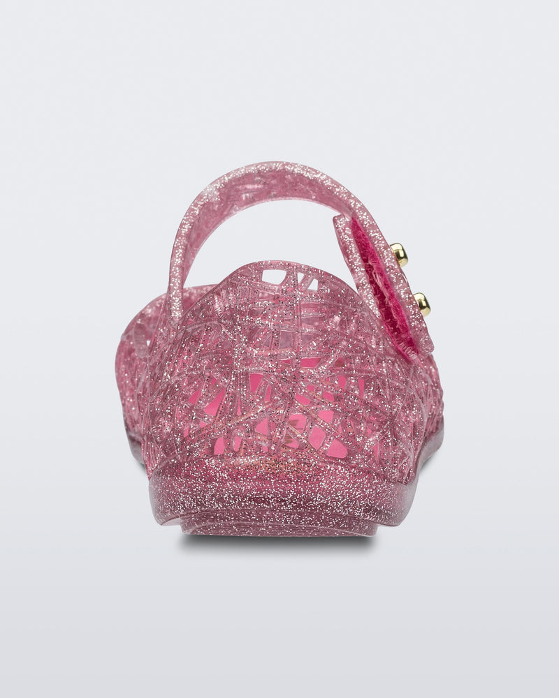 Back view of a glitter pink Campana baby flat