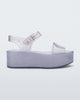 Side view of a glitter lilac Melissa platform sandal with a front and ankle strap