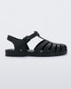 Side view of a Melissa Possession fisherman sandal in black with a matte finish and cut out fishermen strap detail.