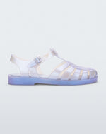 Side view of a pearly blue Melissa Possession sandal with a fisherman sandal design