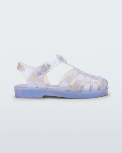 Side view of a pearly blue Mini Melissa Possession sandal with a fisherman sandal design