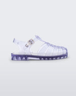 Side view of a clear Mini Melissa Possession sandal with several straps and a clear base.
