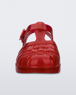 Front view of the transparent red Possession fisherman sandal
