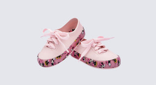 Angled view of a pair of pink Street Mickey & Friends baby sneaker with pink shoe laces