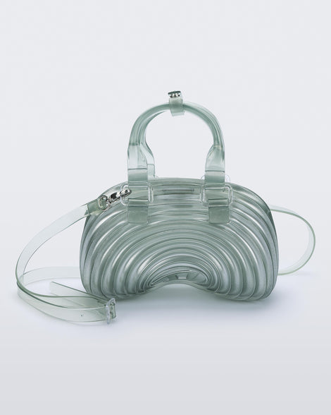 Front view of a  transparent blue Quantum Dome + Diesel bag with hand strap and shoulder strap