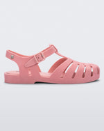 Side view of a pink flocked Melissa Possession Velvet sandal.