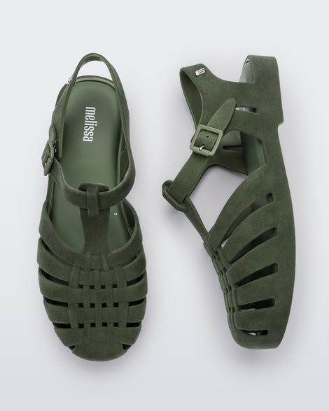 Top and side view of a pair green flocked Melissa Possession Velvet sandals.