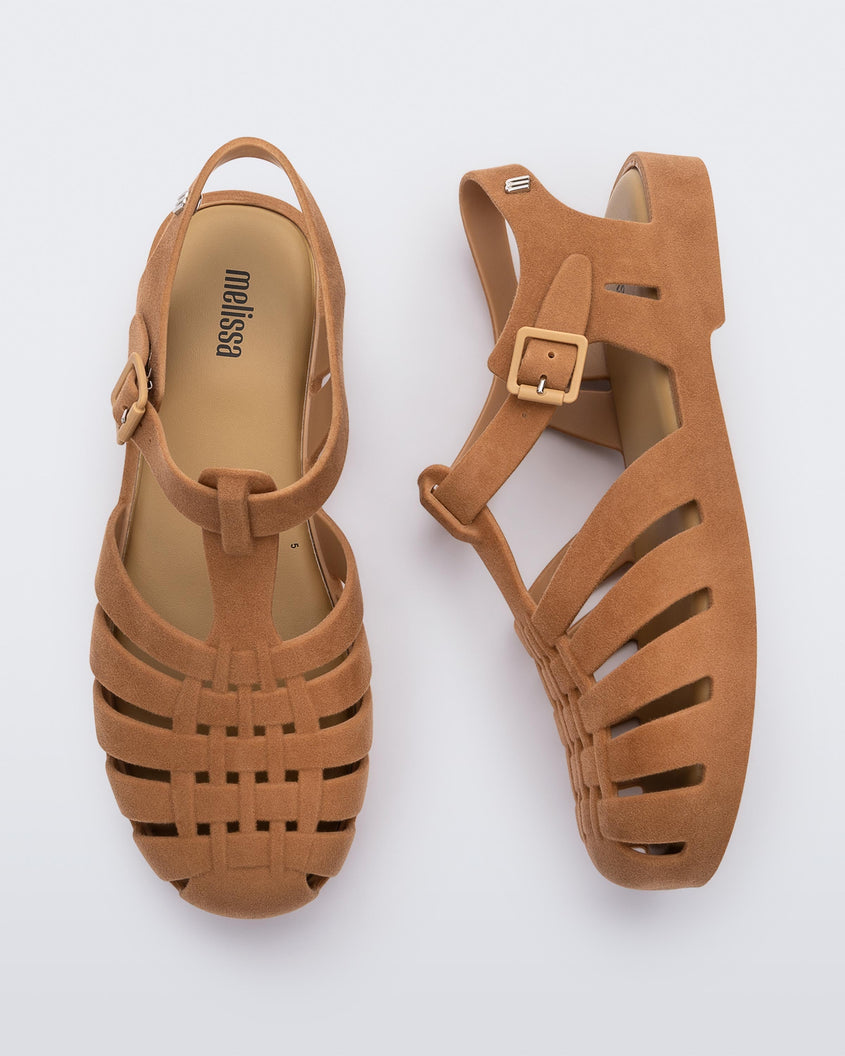 Top and side view of a pair beige flocked Melissa Possession Velvet sandals.