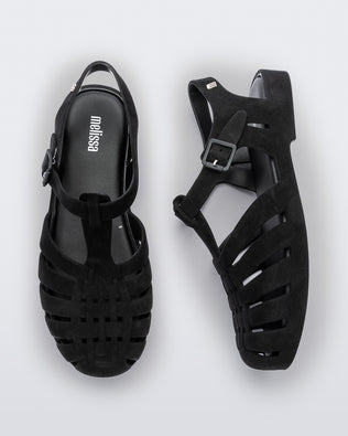Top and side view of a pair black flocked Melissa Possession Velvet sandals.
