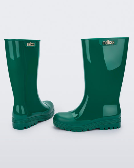 Back and side view of a pair of green Melissa Welly boots.