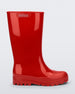 Side view of a red Melissa Welly boot.