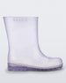 Side view of a clear kids Melissa Welly boot.