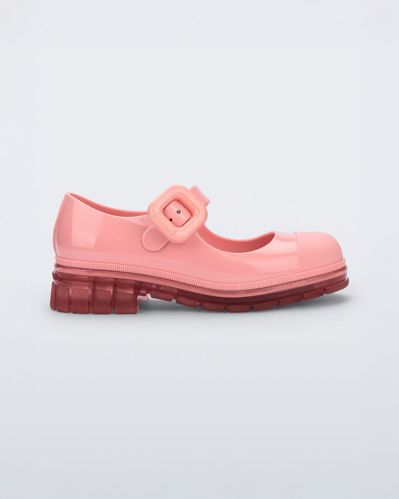 Side view of a pink June mary jane with matte toe cap