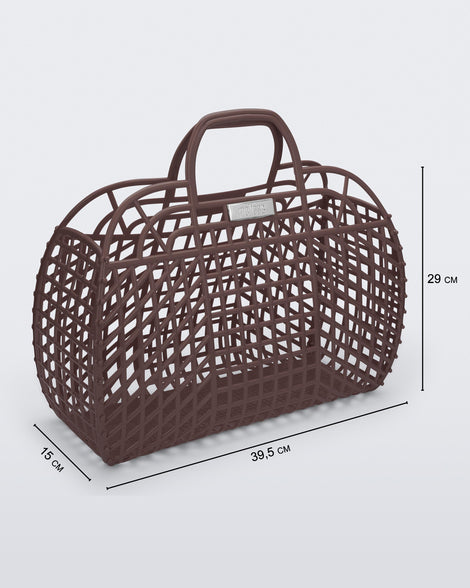 Angled view of a brown Refraction bag with handles with dimensions 40cm x 15cm x 28cm