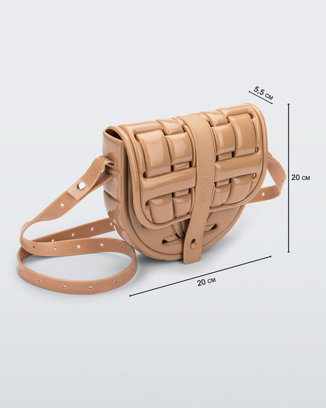 Front view of a beige Possession Bag with dimensions 20 cm length, 5.5 cm width, 20 cm height.