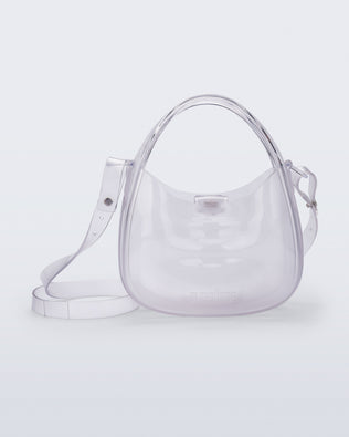 Front view of a clear Mirror bag with cross body straps two clear handles.