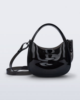 Front view of a clear black Mirror bag with cross body straps two clear handles.