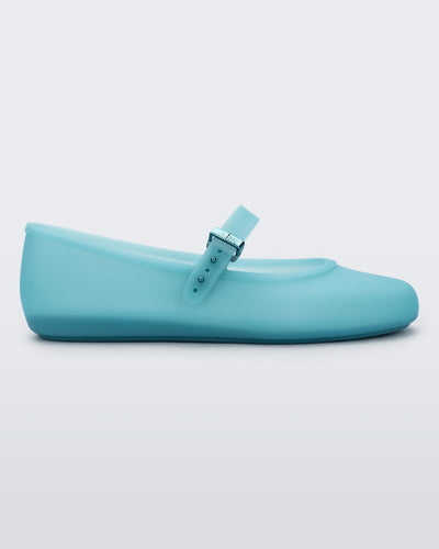 Side view of a milky blue Soft Ballerina flat