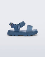 Side view of a blue baby Kick Off Sandal