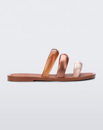 Side view of the brown with gold/bronze straps Eclipse Slide.
