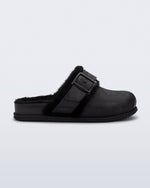 Side view of a black Cozy Warm clog with fuzzy insole