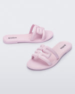 Angled view of a pair of light pink M Slides.