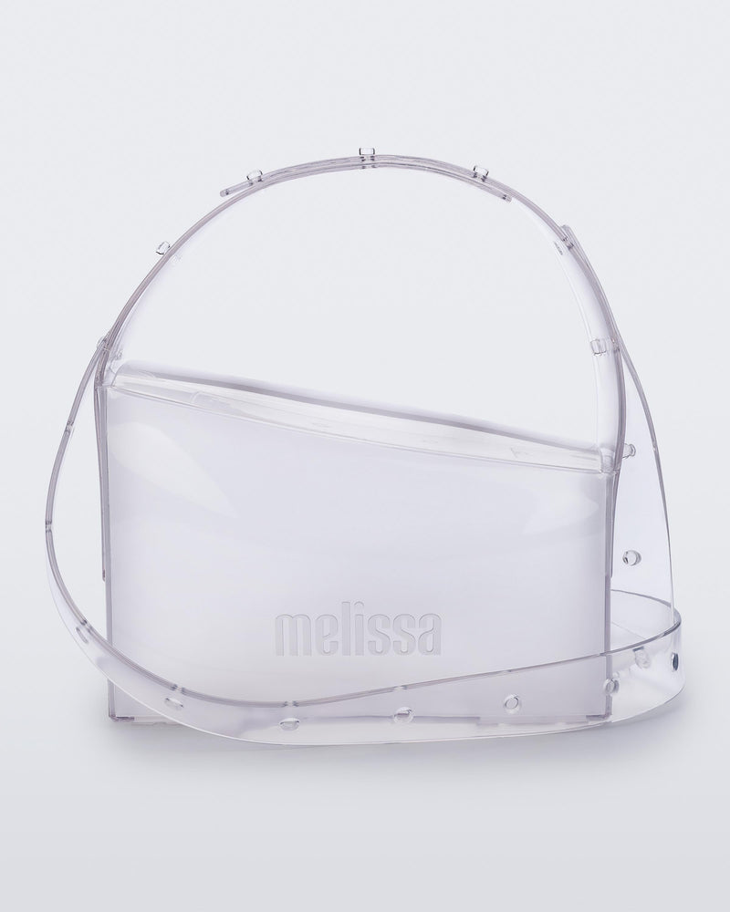 Front view of a clear Clear Bag with strap
