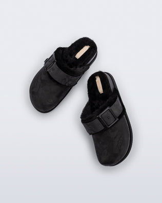 Top view of a pair of black Cozy Warm Clogs with fuzzy insoles