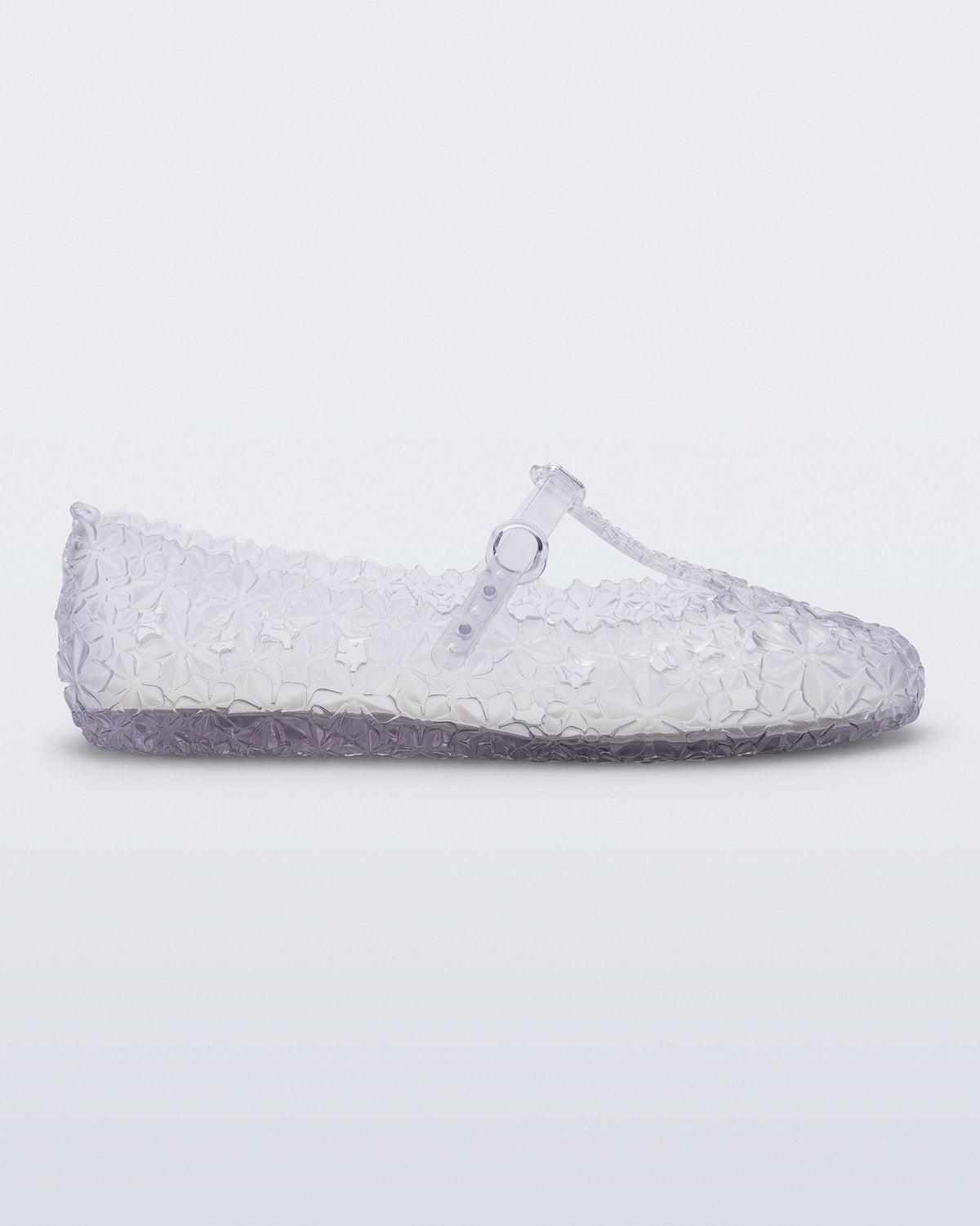 side view of a clear Melissa + Susan Fang Daphnis Ballerina with t-top strap