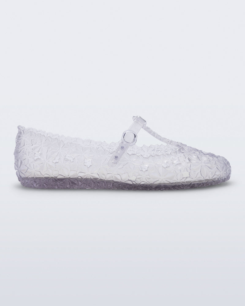 side view of a clear Melissa + Susan Fang Daphnis Ballerina with t-top strap
