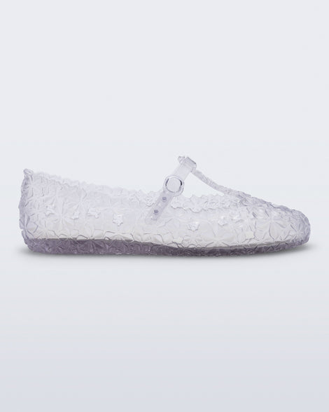 side view of a clear Melissa + Susan Fang Daphnis Ballerina with t-top strap