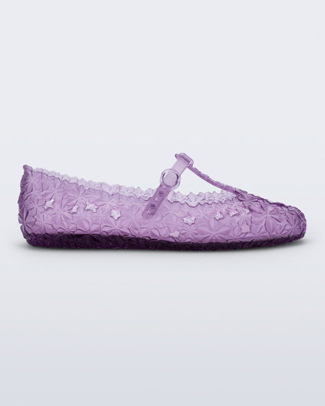Side view of a clear lilac Melissa + Susan Fang Daphnis Ballerina with t-top strap