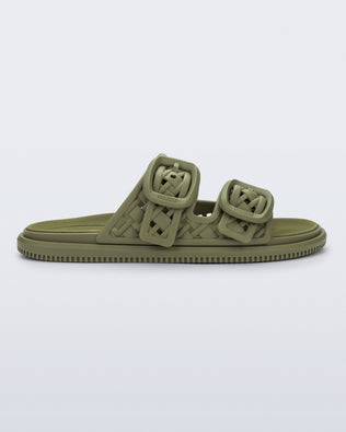side view of a matte green Possession Slip sandal with two straps with buckles
