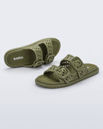 Top and side view of a pair of matte green Possession Slip sandals with two straps with buckles