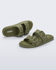 Top and side view of a pair of matte green Possession Slip sandals with two straps with buckles