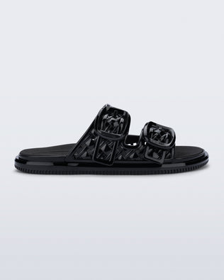 side view of a black Possession Slip sandals with two straps with buckles