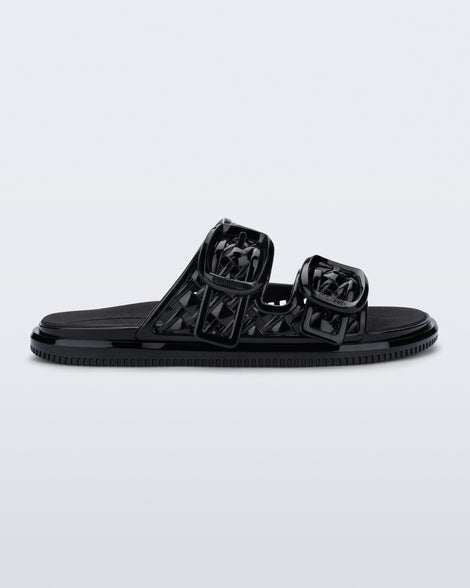 side view of a black Possession Slip sandals with two straps with buckles