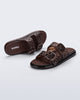 Top and side view of a pair of brown Possession Slip sandals with two straps with buckles