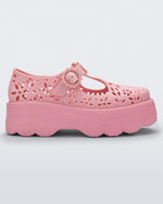 Side view of a pink Kick Off Lace women's platform shoe with buckle.