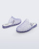 Side and back angled view of a pair of frosted clear Possession Mule slides 