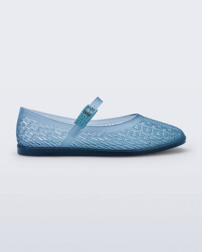 Side view of a transparent blue Harper flat