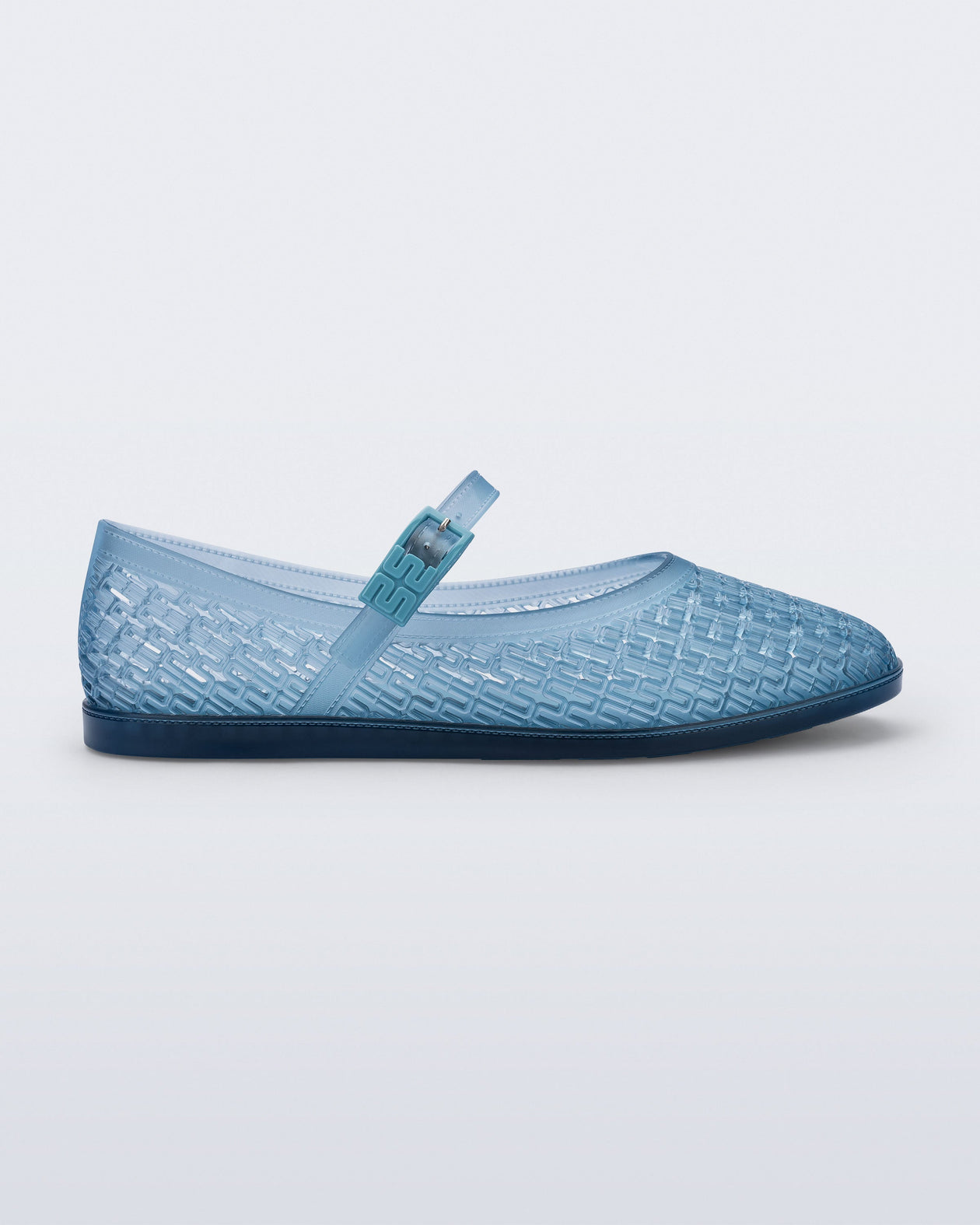 Side view of a transparent blue Harper flat