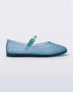 Side view of a transparent blue Harper flat