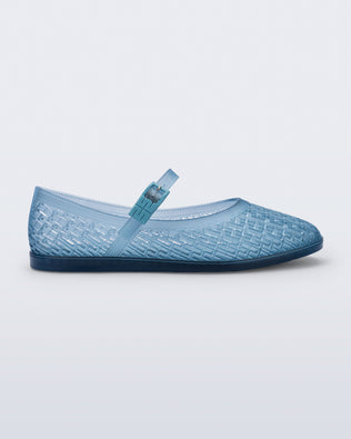 Side view of a transparent blue Harper flat