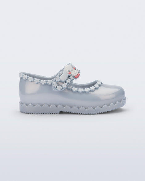 Side view of a pearly blue Hip Ballerina + Hello Kitty baby flat
