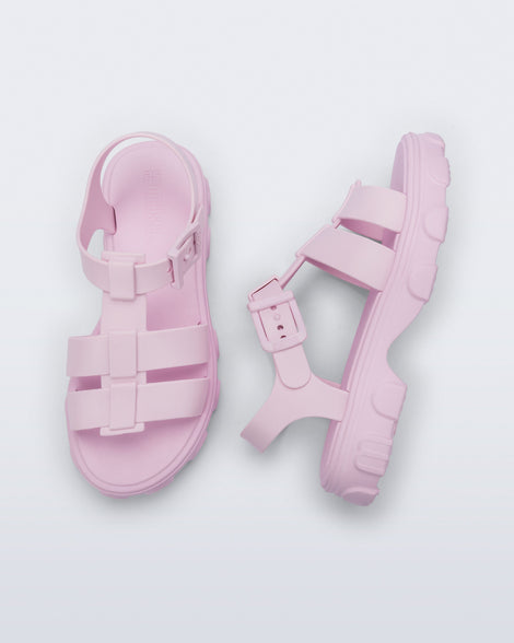 Top and side view of a pair of pink Ella sandals