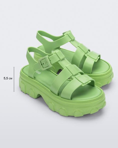 Front view of a pair of green Ella women's platform sandals showing the platform height at 5.5 cm